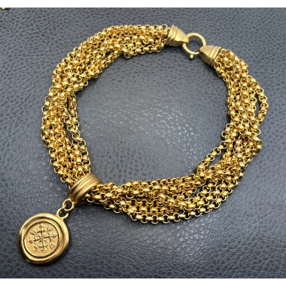 VTG 80s Carolee Multi Strand Rolo Chain Necklace Wax Seal Medallion Statement